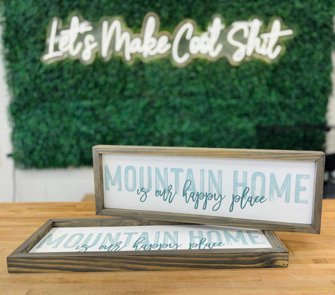 Hangout Home - Mountain Home - Happy Place Word Sign - Frame Art: 8x24" Long Canvas Art with Thick Wood Frame