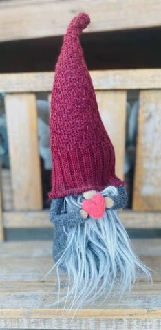 A Gnome on the Roam - Valentine's Day Gnome, Soft maroon sweater with felt heart