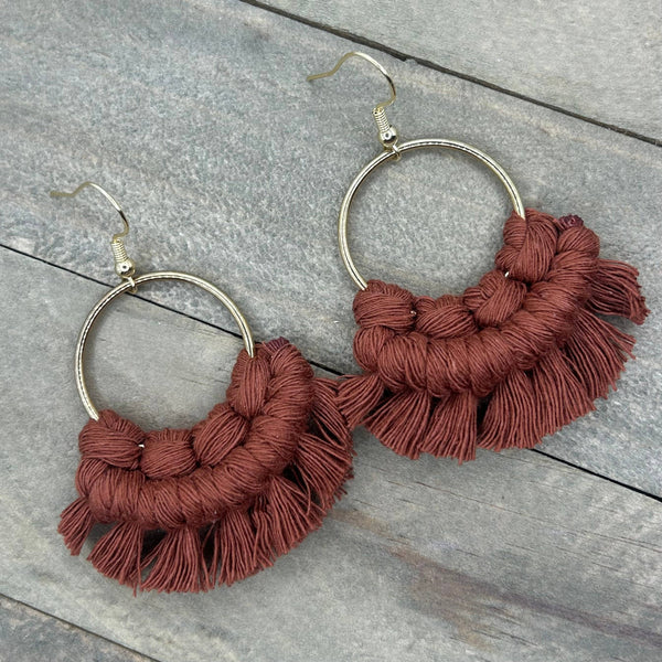 HK Macrame Jewelry - Small Round Fringe Earrings - Burnt Orange & Gold