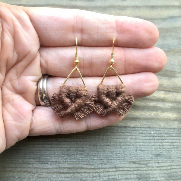 HK Macrame Jewelry - Micro Fringe Triangle Earrings - Brown & Gold