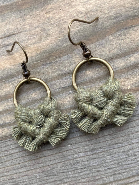 HK Macrame Jewelry - Micro Fringe Round Earrings - Avocado Green & Bronze