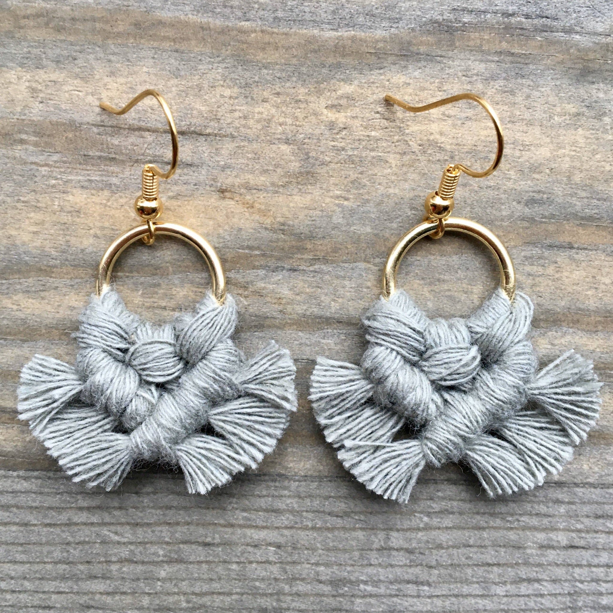 HK Macrame Jewelry - Micro Fringe Round Earrings - Sage & Gold