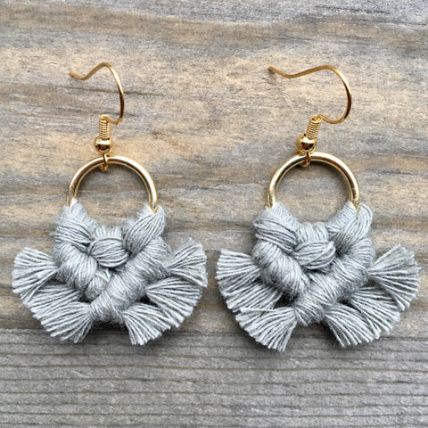 HK Macrame Jewelry - Micro Fringe Round Earrings - Sage & Gold