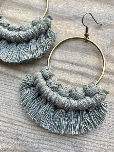 HK Macrame Jewelry - Large Statement Fringe Earrings - Army Green & Bronze