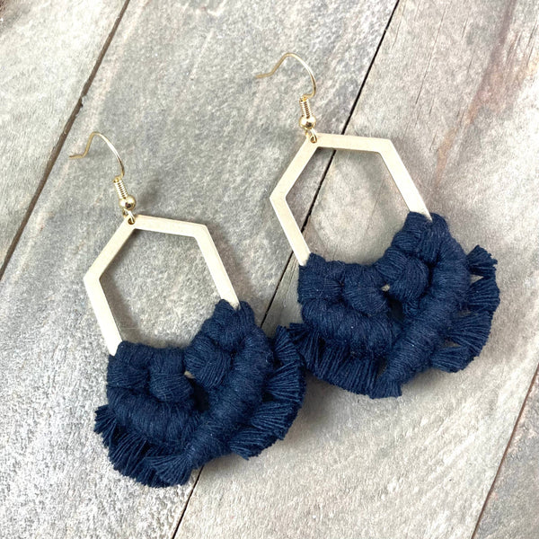 HK Macrame Jewelry - Geometric Fringe Earrings - Black