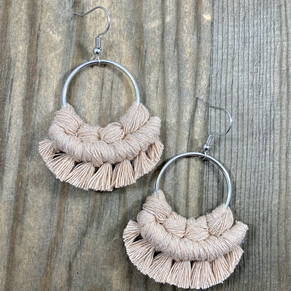 HK Macrame Jewelry - Small Round Fringe Earrings - Nude & Silver
