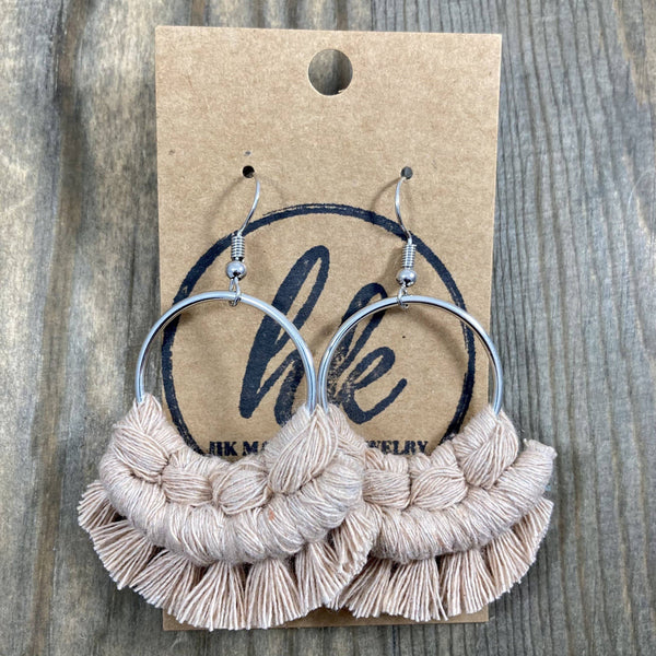 HK Macrame Jewelry - Small Round Fringe Earrings - Nude & Silver