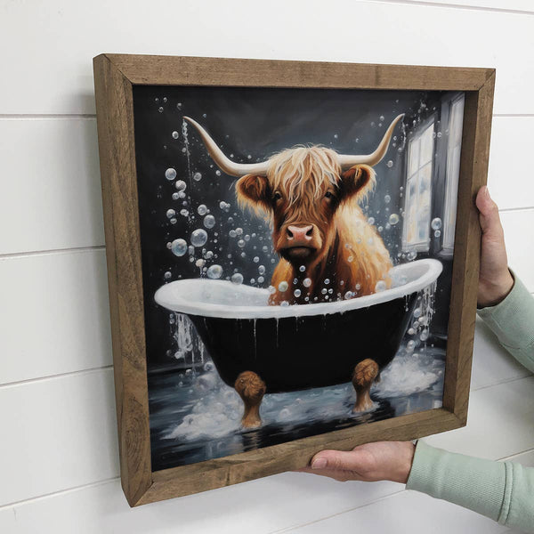 Hangout Home - Highland Cow in Black Tub - Wood Framed Canvas Art - Animal: 6x6" Mini Canvas Art with Wood Box Frame