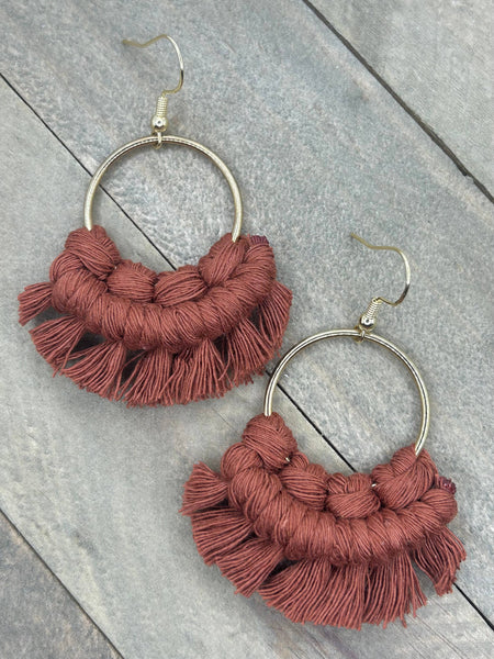 HK Macrame Jewelry - Small Round Fringe Earrings - Burnt Orange & Gold