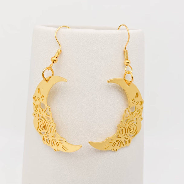 Mio Queena - Golden Hollow Out Rose Pattern Moon Earrings - MS