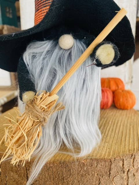 A Gnome on the Roam - Handmade Witch Gnome black felt, broom, hat, fuzzy beard