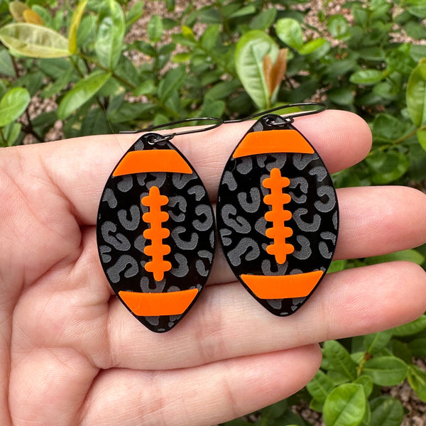Laser & Color Designs LLC - Black and Orange Leopard Football Earrings, Game Day