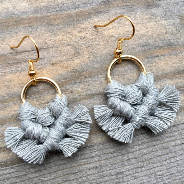 HK Macrame Jewelry - Micro Fringe Round Earrings - Sage & Gold