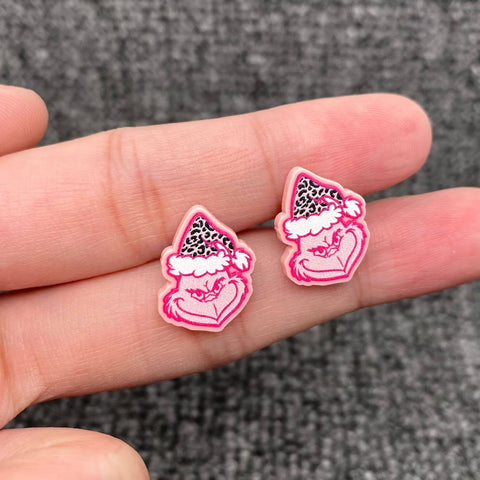 Mio Queena - Christmas Jewelry Acrylic Pink Grinch Ear Studs