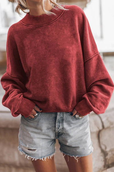 Lovesoft - Solid RED Drop Shoulder Crew Neck Pullover Sweatshirt