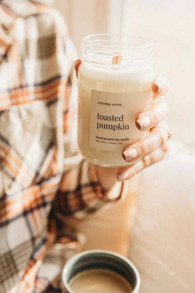 Woodsy Wicks - Toasted Pumpkin Soy Wax Farmhouse Fall Candle Wood Wick : 8oz / Crackling Wood Wick