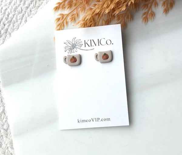 KIMCo. - Polymer Clay Stud Earrings - Pumpkin - Latte Cup OR Mug