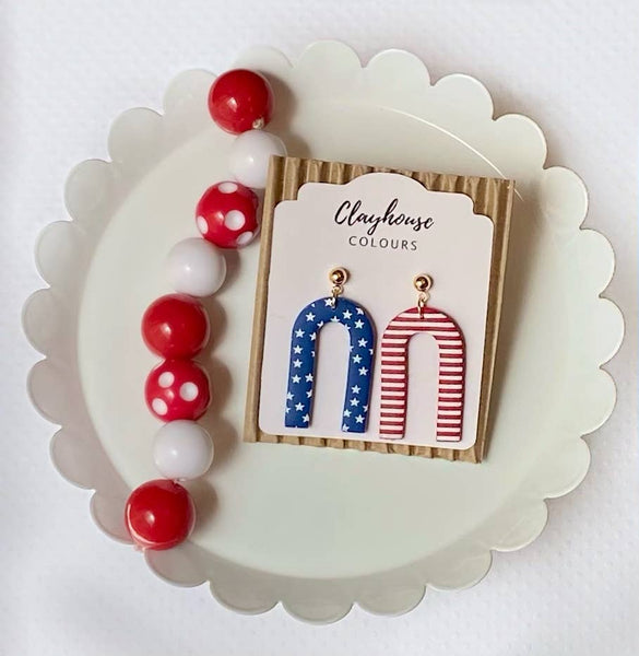 Clayhouse Colours - Red, White & Blue Clay Earrings | July 4th: Hearts