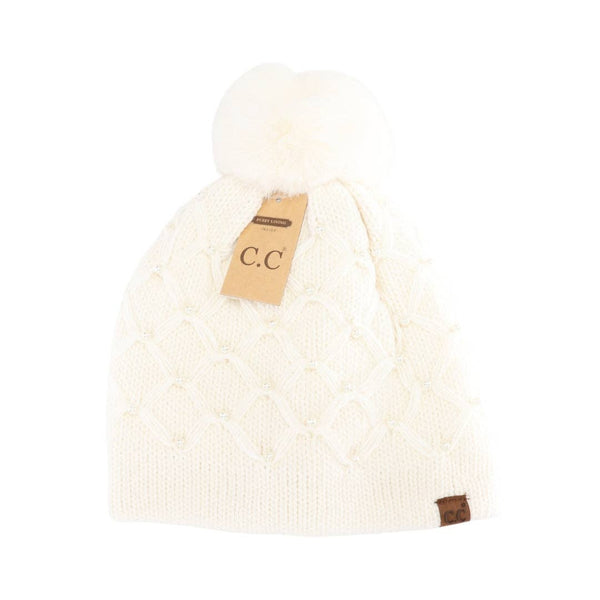 C.C Beanie - Allover Pearl Crochet C.C Faux Fur Pom Beanie HTE0128