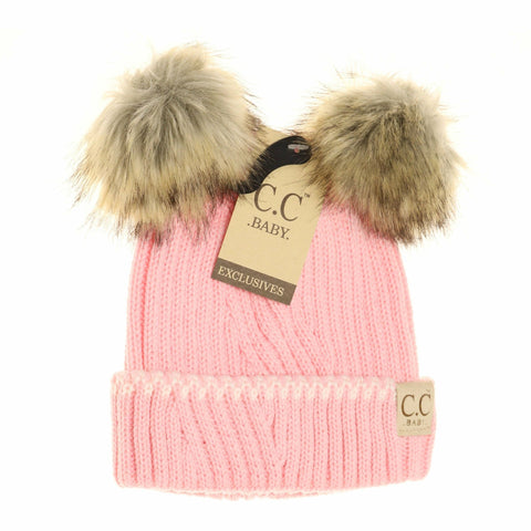 C.C Beanie - Baby Solid Knit Double Fur Pom Beanie - Newborn