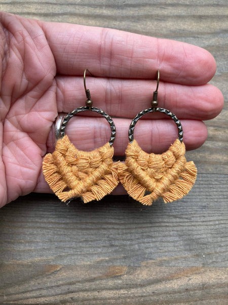 HK Macrame Jewelry - Small Square Fringe Earrings - Marigold & Bronze