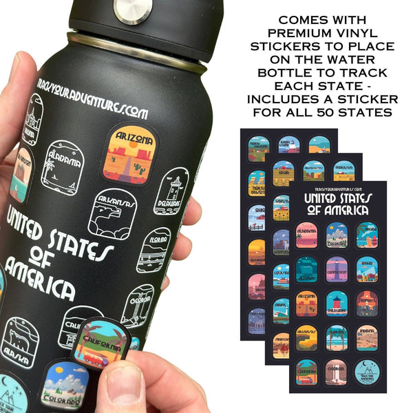 Track Your Adventures - 50 States Water Bottle with Stickers