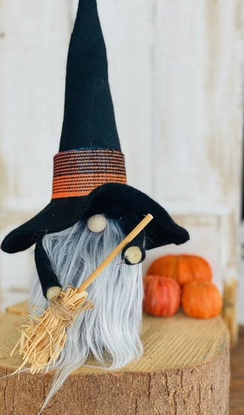 A Gnome on the Roam - Handmade Witch Gnome black felt, broom, hat, fuzzy beard