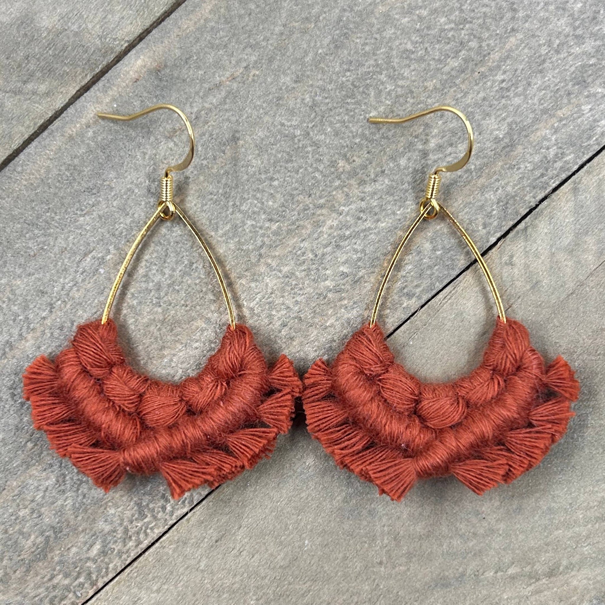 HK Macrame Jewelry - Small Teardrop Fringe Earrings - Cider Orange & Gold