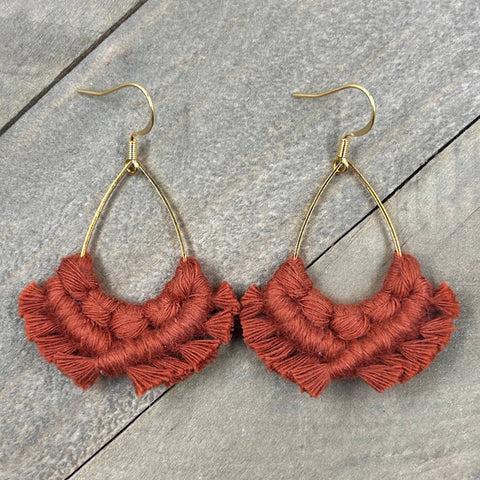 HK Macrame Jewelry - Small Teardrop Fringe Earrings - Cider Orange & Gold