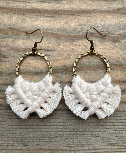 HK Macrame Jewelry - Small Square Knot Fringe Earrings - Natural & Bronze
