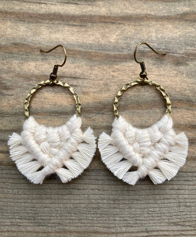 HK Macrame Jewelry - Small Square Knot Fringe Earrings - Natural & Bronze