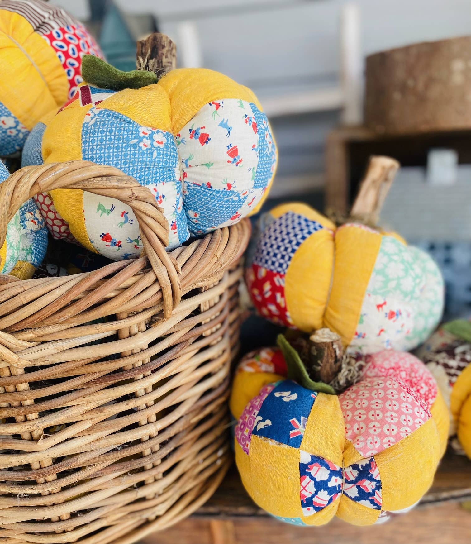 Handmade Fabric Pumpkins Vintage Quilt Top 7" Fall Decor