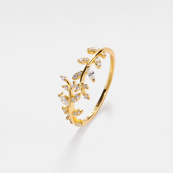 Perimade & Co. LLC - Gold Olive Tree Leaf Branch Band Ring in 925 Sterling Silver