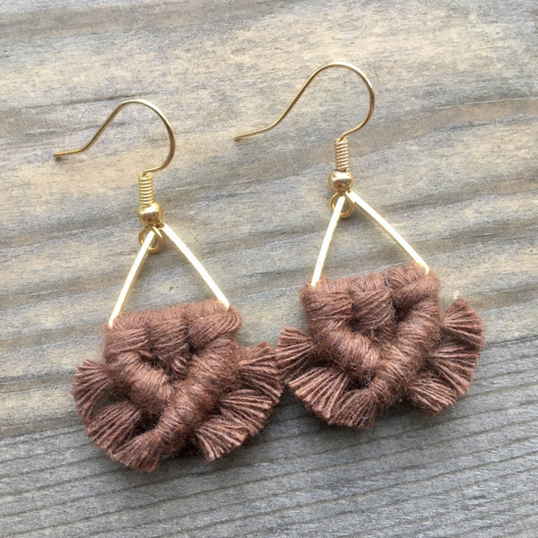 HK Macrame Jewelry - Micro Fringe Triangle Earrings - Brown & Gold