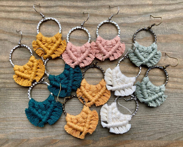 HK Macrame Jewelry - Small Square Fringe Earrings - Marigold & Bronze