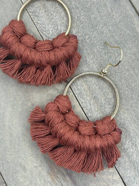 HK Macrame Jewelry - Small Round Fringe Earrings - Burnt Orange & Gold