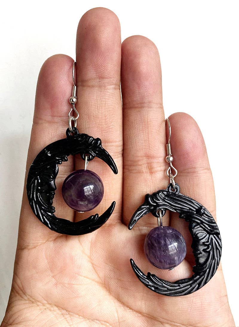 Mio Queena - Gothic Face Black Crescent Purple Bead Earrings - MS/GT