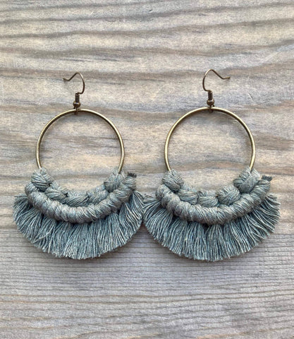 HK Macrame Jewelry - Large Statement Fringe Earrings - Army Green & Bronze