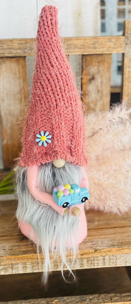 A Gnome on the Roam - Pastel Spring Easter gnome with blue truck, tier tray decor