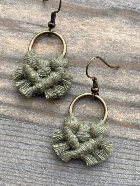 HK Macrame Jewelry - Micro Fringe Round Earrings - Avocado Green & Bronze