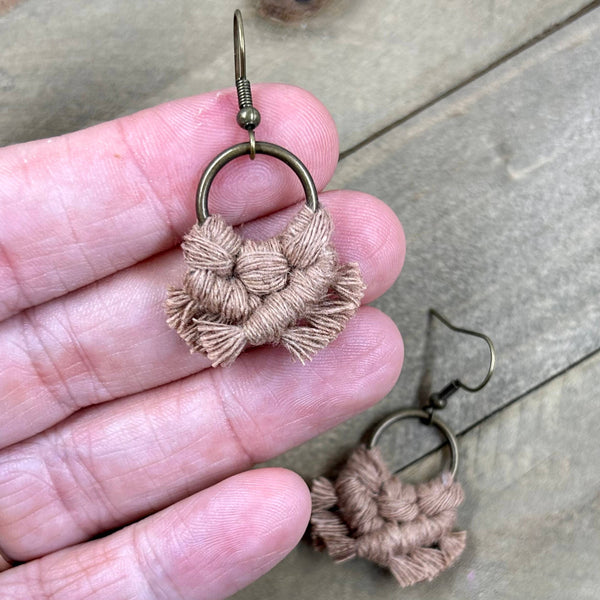 HK Macrame Jewelry - Micro Fringe Round Earrings - Mocha & Bronze