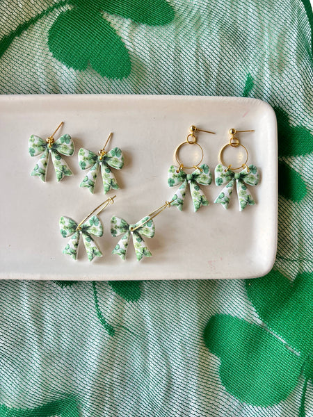 SeizeTheClayJewelry - Clover Bow Earrings, Shamrock Bow Earrings, Lucky Bow