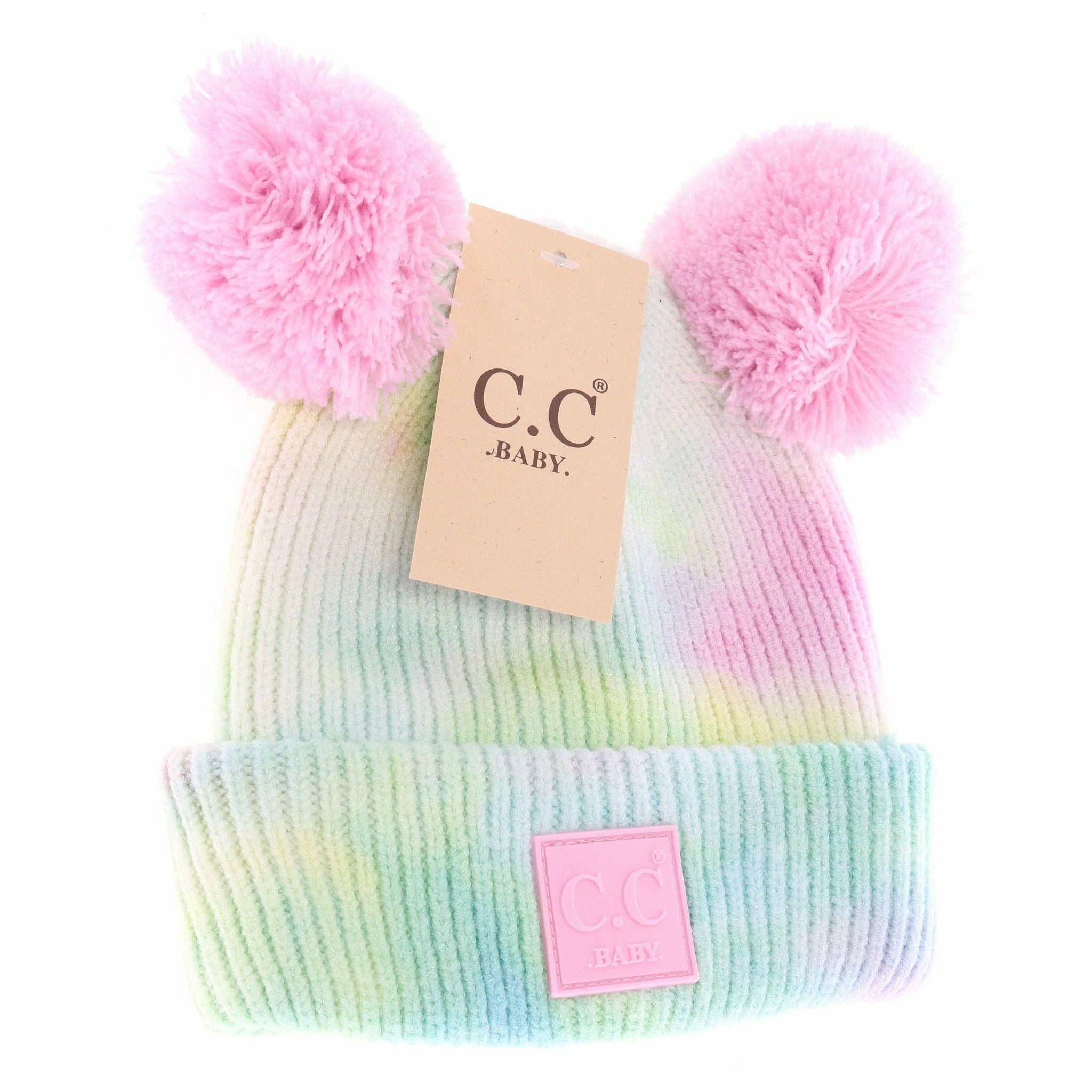 C.C Beanie - Baby Tie Dye Double Fur Pom Beanie - Newborn/Knit Hat