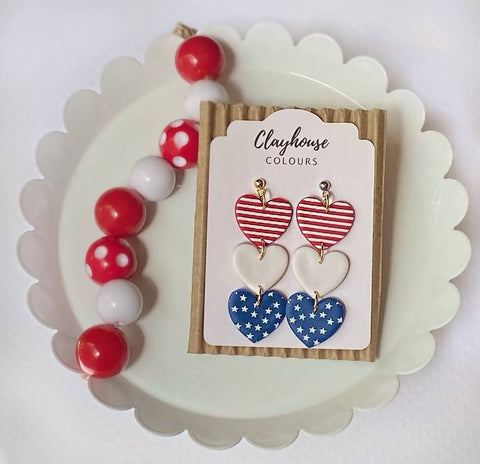Clayhouse Colours - Red, White & Blue Clay Earrings | July 4th: Hearts
