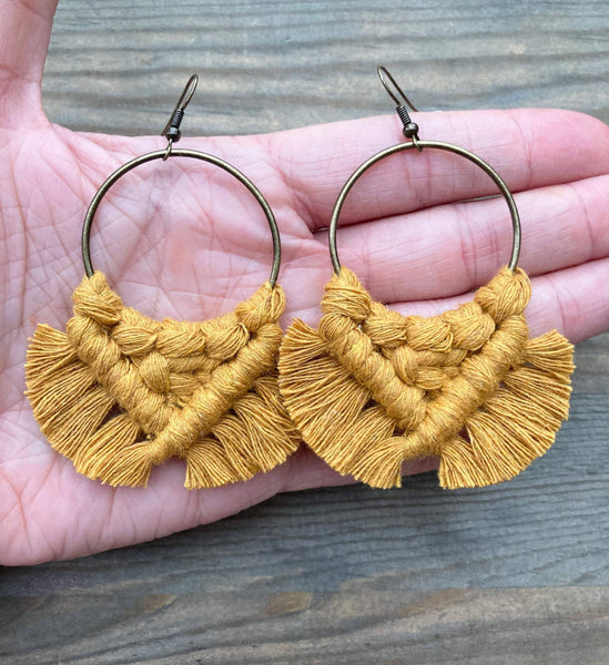 HK Macrame Jewelry - Large Fringe Earrings - Mustard & Bronze