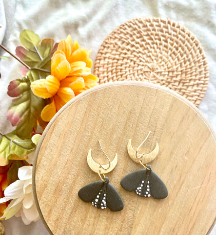 Terra Made -  Boho Polka Dot Moth Earrings - Dusty Black Color