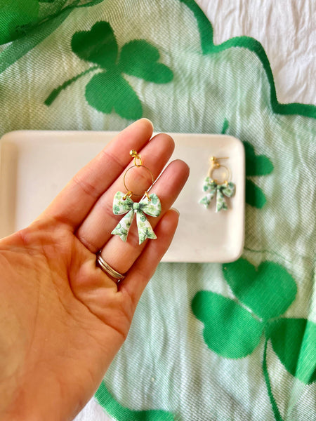 SeizeTheClayJewelry - Clover Bow Earrings, Shamrock Bow Earrings, Lucky Bow