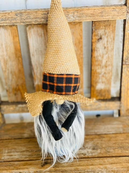 A Gnome on the Roam - Fall Farmer Gnome, blue jean overalls and burlap hat
