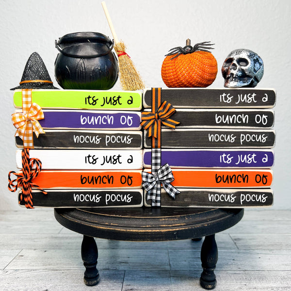 Ruaille Buaille Co - October home decor | Mini book stacks for Halloween - Hocus