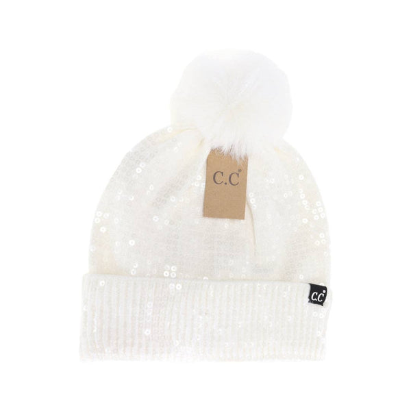C.C Beanie - Allover Clear Sequin Faux Fur Pom C.C Beanie HTC0044
